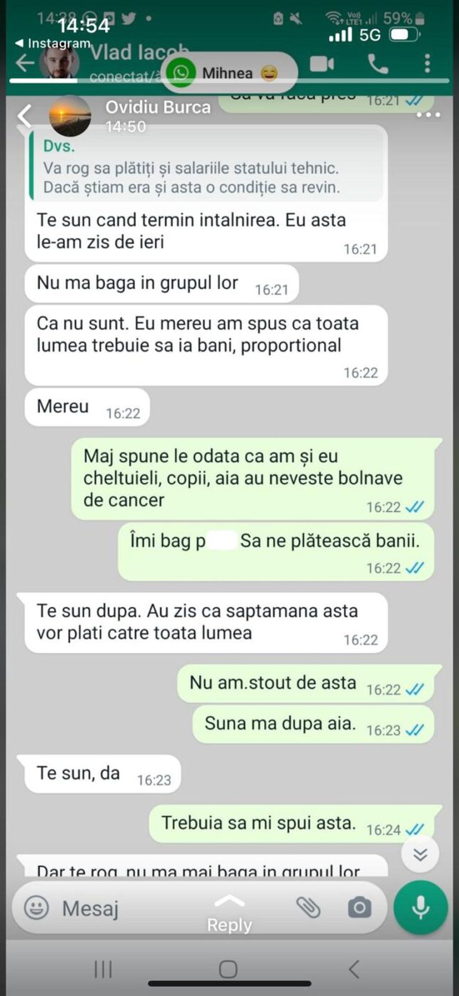 Burcă a publicat „din greșeală” conversația de pe WhatsApp cu Vlad Iacob: „Ăia au neveste bolnave de cancer. Să ne dea banii!”