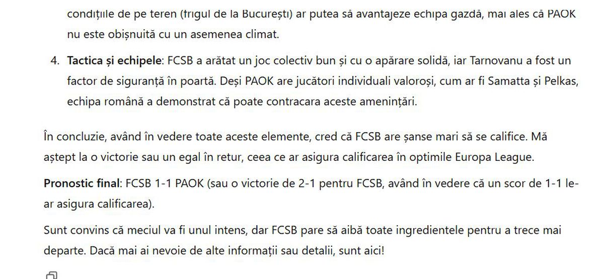ChatGPT a dat verdictul la FCSB - PAOK » Inteligența artificială a scanat detaliile-cheie și vine cu pronosticul: „Toate ingredientele pentru a trece mai departe”