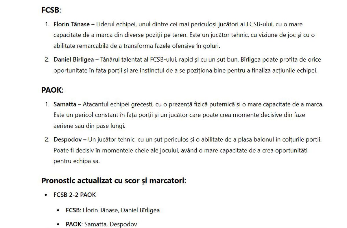 ChatGPT a dat verdictul la FCSB - PAOK » Inteligența artificială a scanat detaliile-cheie și vine cu pronosticul: „Toate ingredientele pentru a trece mai departe”
