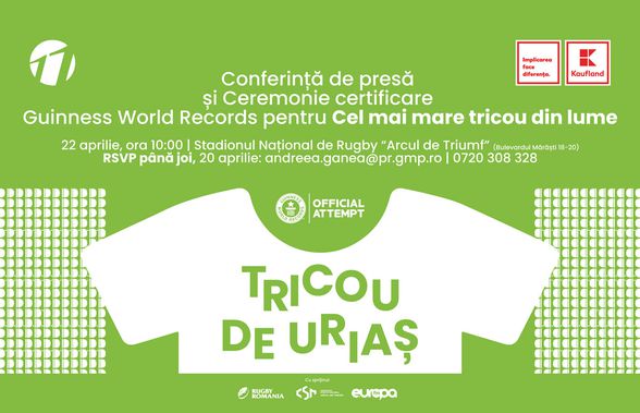 România va intra în Cartea Recordurilor cu un Tricou de Uriaș. Află cum poți participa la eveniment