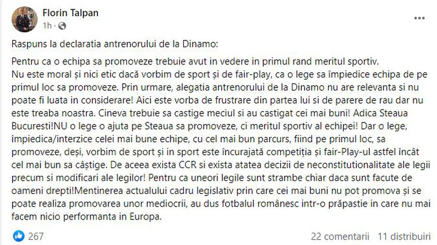Florin Talpan i-a dat replica lui Ovidiu Burcă: „Frustrare! Nu o lege ajută Steaua să promoveze, ci meritul sportiv!”