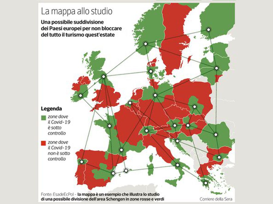 Grafic de pe corriere.it Coronavirus și vacanțele din 2020: planul de a împărți Europa în zone verzi și roșii » Din ce zonă face parte România și cum ar funcționa sistemul