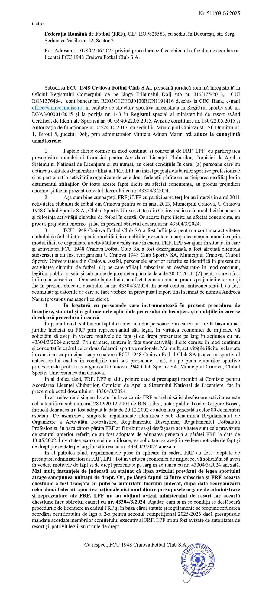 FRF, decizie DEFINITIVĂ: FCU Craiova, OUT din Liga 2 » Federația îl acuză pe Mititelu de minciună: „În realitate, asta s-a întâmplat” + Cum se apără oltenii: „Totul a fost formal”