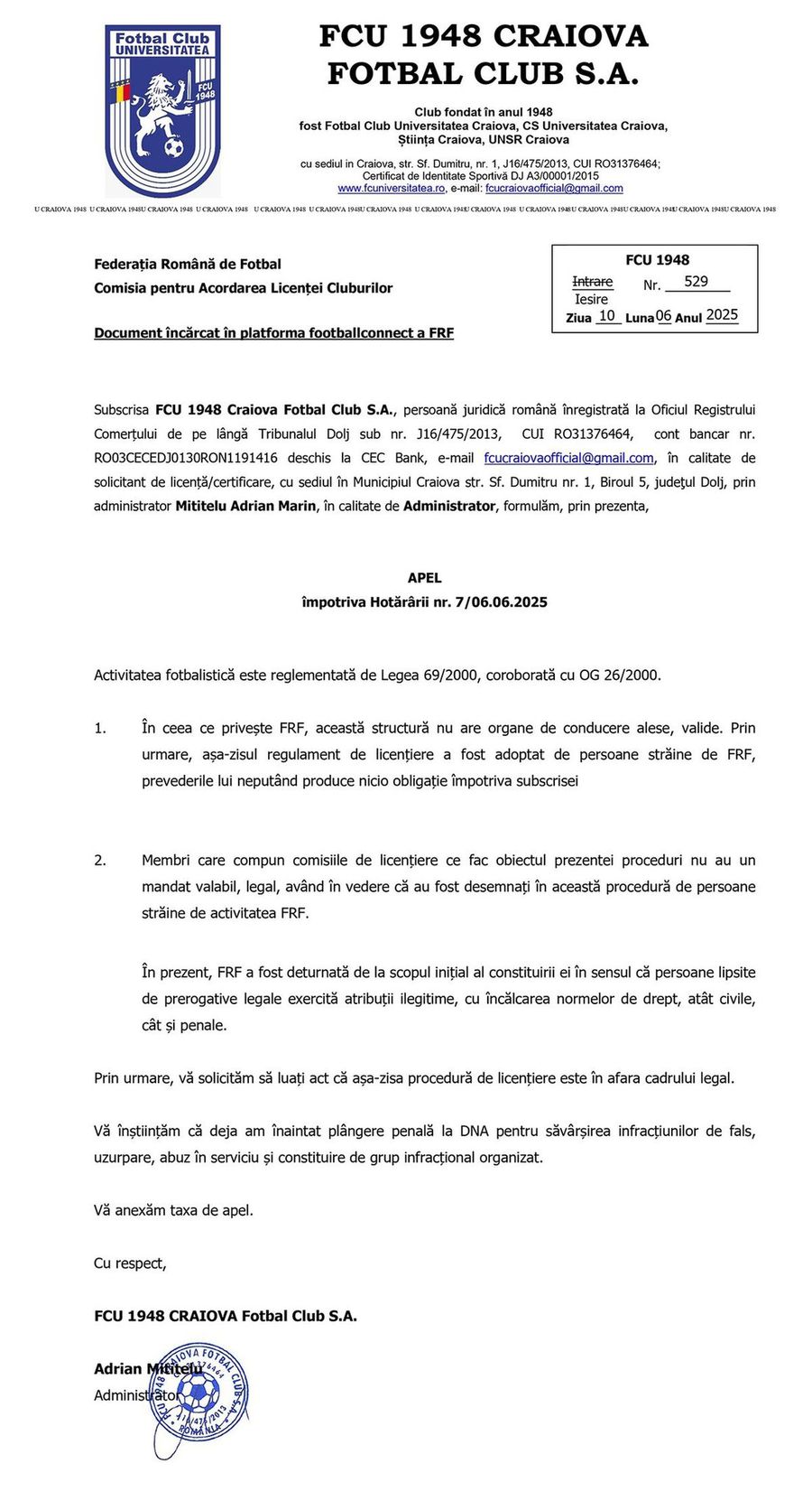FRF, decizie DEFINITIVĂ: FCU Craiova, OUT din Liga 2 » Federația îl acuză pe Mititelu de minciună: „În realitate, asta s-a întâmplat” + Cum se apără oltenii: „Totul a fost formal”