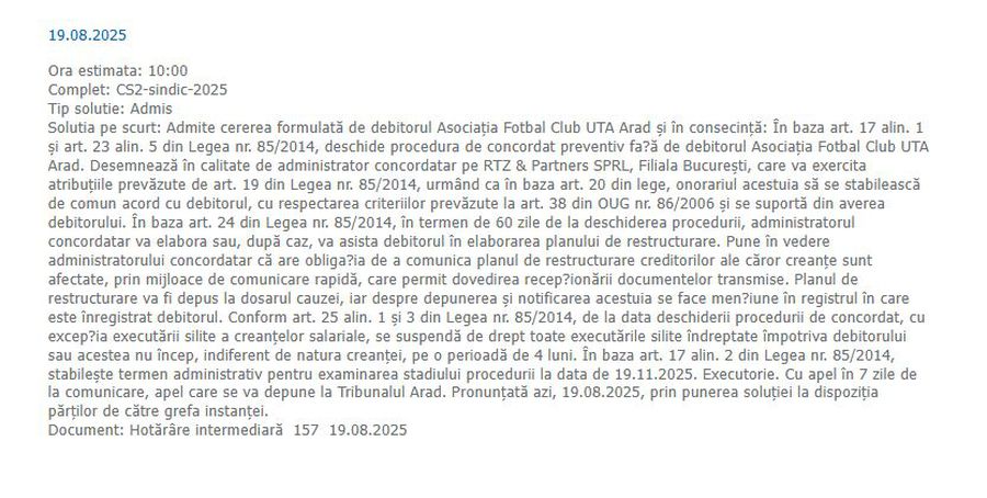 Tribunalul Arad a acceptat cererea de intrare în concordat preventiv a celor de la UTA După Dinamo, Răzvan Zăvăleanu se va ocupa de alt club cu probleme din Superligă!