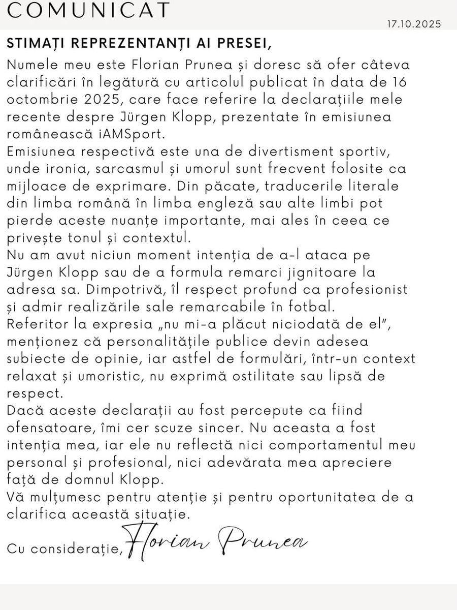 Scrisoare Florin Prunea / Foto: Instagram Florin Prunea a venit cu explicații după jignirile la adresa lui Jurgen Klopp: „Acesta era contextul. Traducerile pot pierde nuanțe”
