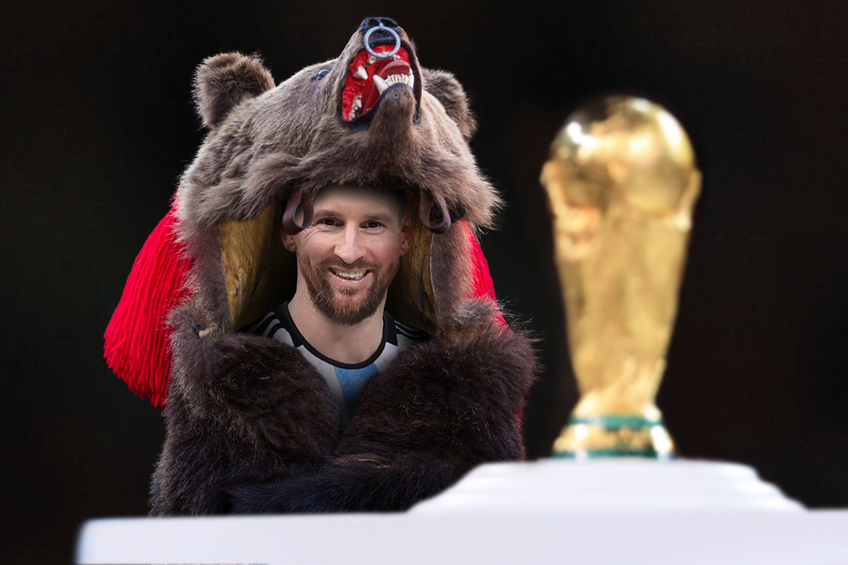 Lionel Messi în costumul de urs tradițional în Comănești, Bacău, fotomontaj: Adrian Drăgan