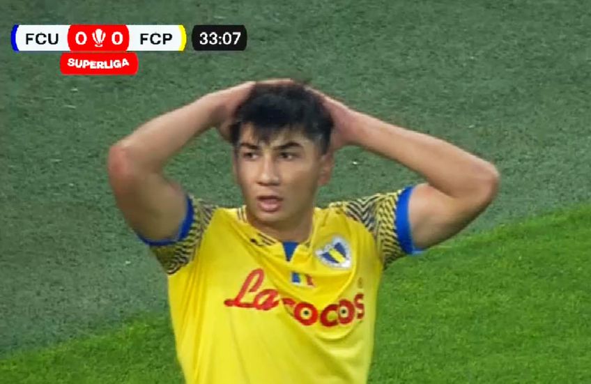 Alexandru Musi (19 ani), mijlocașul Petrolului, a irosit o șansă imensă în minutul 33 al deplasării cu FCU Craiova, la scorul de 0-0.  / FOTO: Captură TV @Digi Sport 1