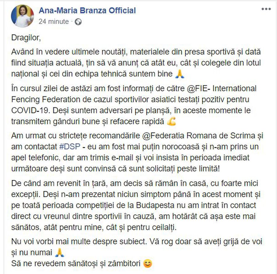 CORONAVIRUS. 17 scrimeri și 6 tehnicieni români, inclusiv Ana Maria Brânză, au fost anunțați că sportivii de la competiția la care au participat la Budapesta aveau COVID-19