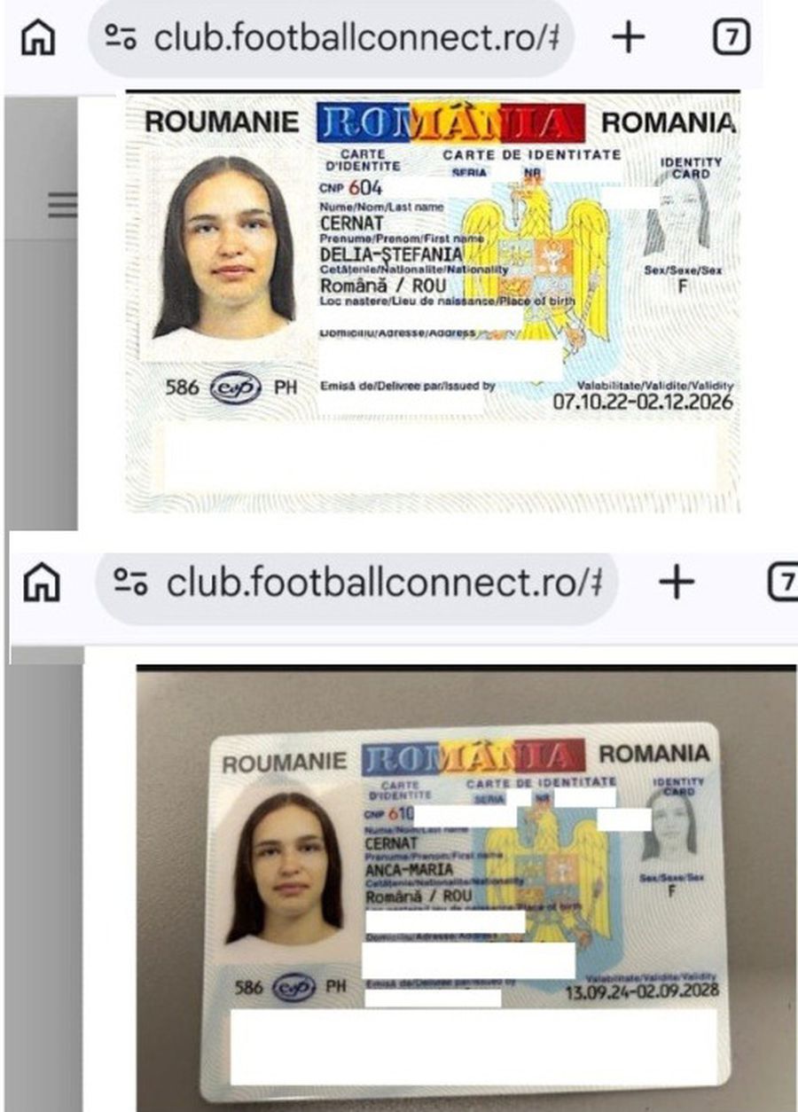 Aceeași fotografie de portret a fost utilizată pentru ambele acte de identitate încărcate în sistemul FRF, deși acestea aparțin unor persoane cu o diferență de vârstă de 6 ani. Sus, buletinul surorii majore (21), jos cel al minorei (15) „Scutul” lui Burleanu, în mijlocul unui scandal de falsuri: aceeași poză, două identități! Scandalul a ajuns la poliție și procuratură: „Hărțuire și amenințări”