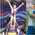 Andreea Răducan, purtată pe umeri de Octavian Bellu (stânga) și Mihaela Melinte (dreapta)