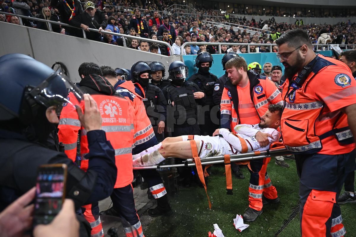 Scene revoltătoare pe Arena Națională » Jandarmii, nevoiți să intervină cu scuturile în momentul accidentării lui Hromada