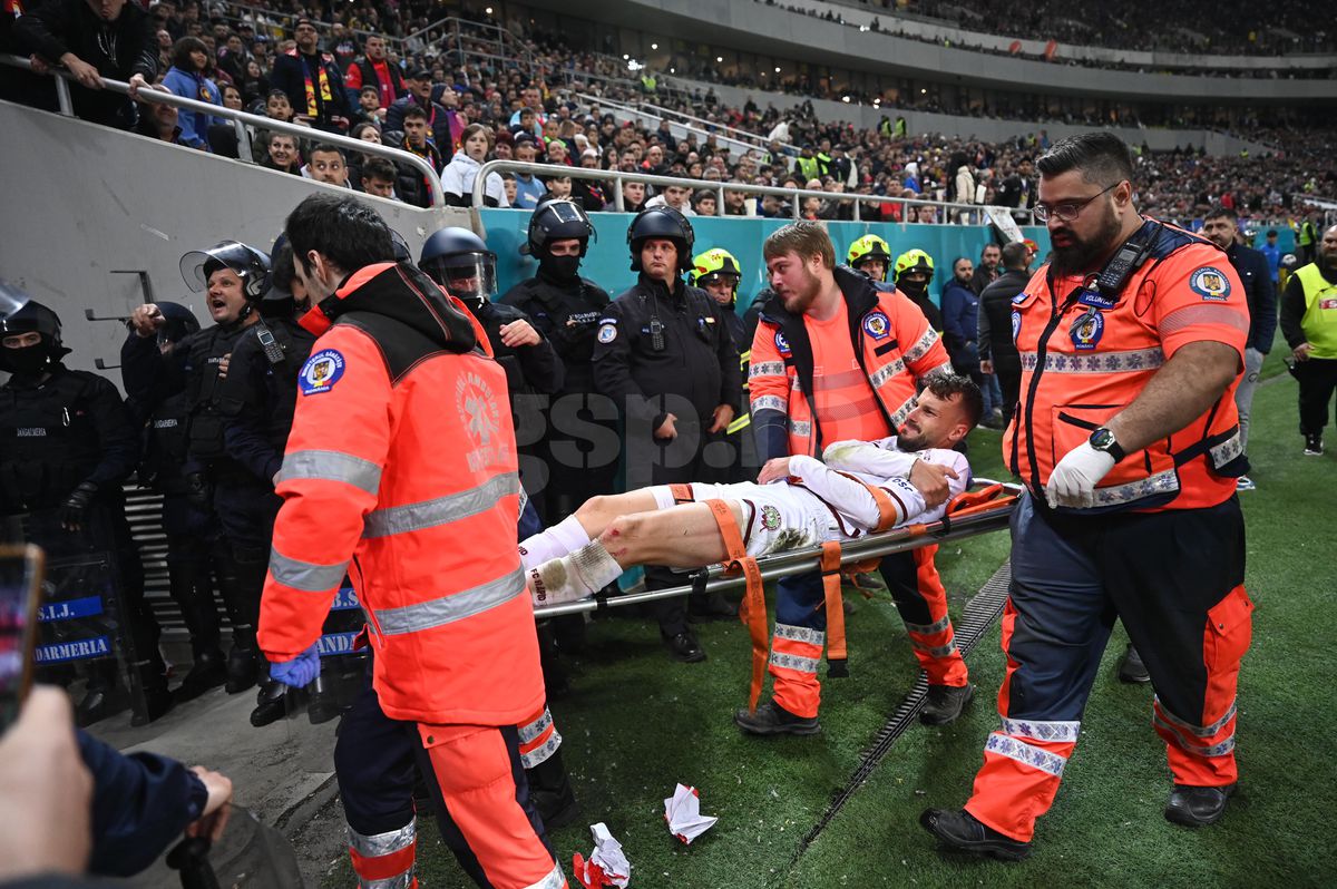 Scene revoltătoare pe Arena Națională » Jandarmii, nevoiți să intervină cu scuturile în momentul accidentării lui Hromada