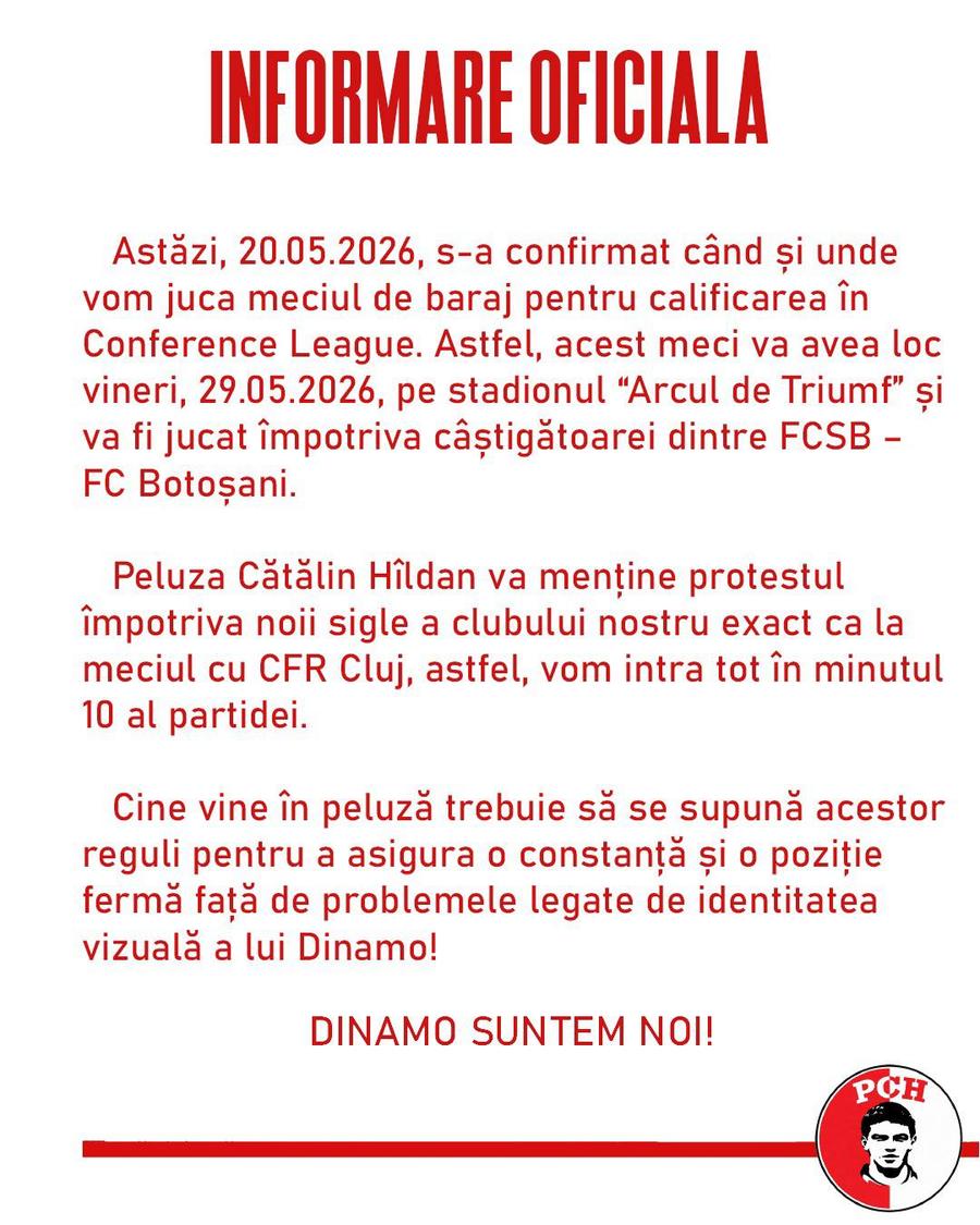 Comunicatul oficial al PCH // FOTO: Facebook Peluza Cătălin Hîldan continuă protestul: „Trebuie să se supună!”