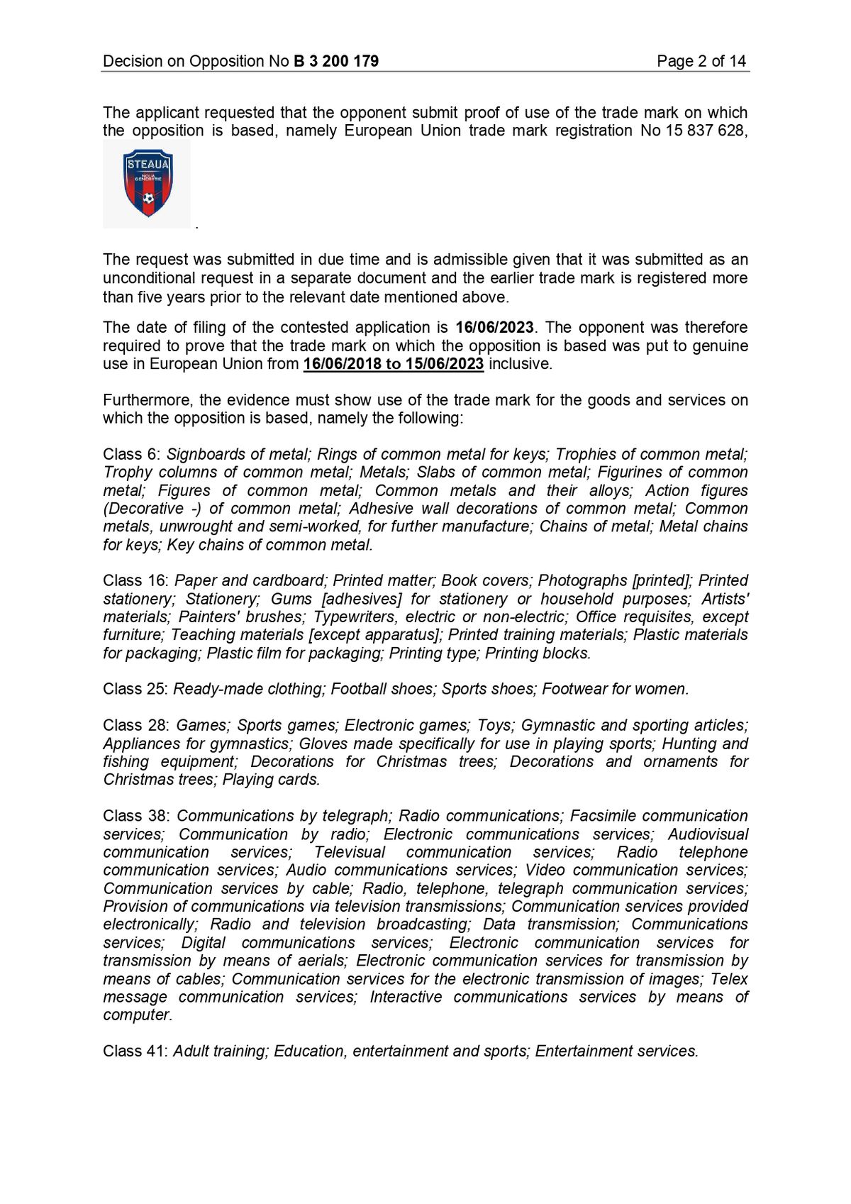 Decizia EUIPO împotriva lui FCSB