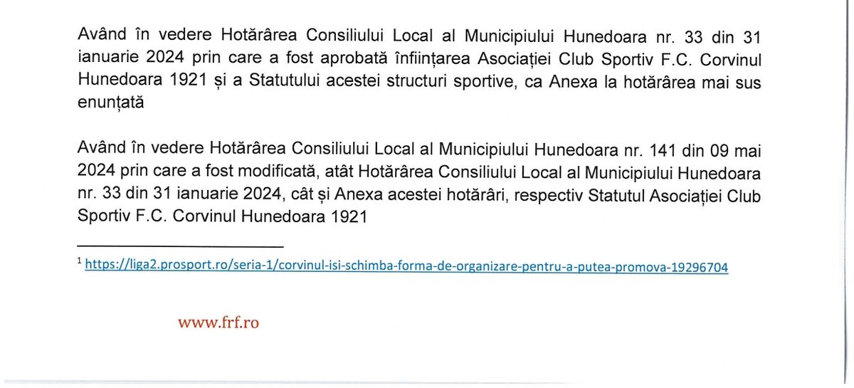 Anunțul momentului în fotbalul românesc! FRF a luat decizia în cazul promovării Corvinului