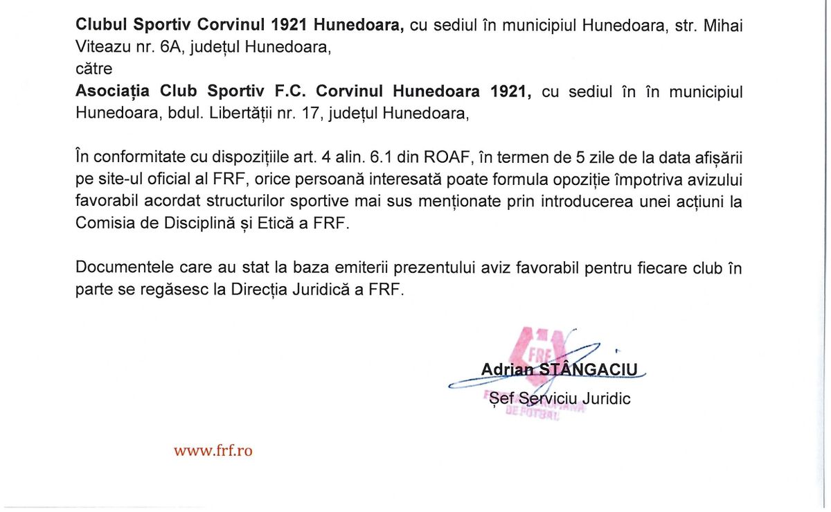Decizie FRF - Corvinul