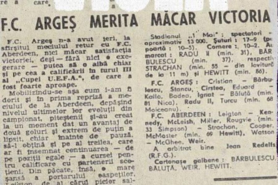 Ce scria „Sportul”, după meciul retur dintre FC Argeș și Aberdeen Strict secret! Dezvăluirile golgeterului român pe care Sir Alex a încercat să-l transfere la Aberdeen: „Am aflat abia după ce s-a terminat cu comunismul!”