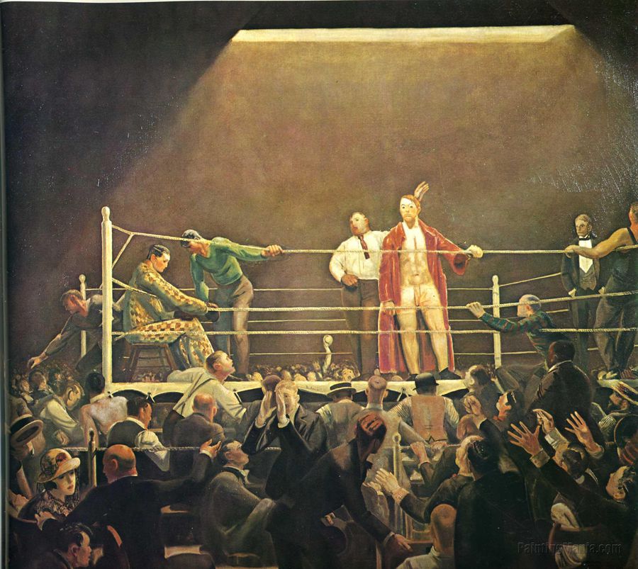 Ringside Seats - George Bellows (1924) Povestea pictorului George Bellows, artist pe teren la baschet și baseball, pe pânză la tenis și box: „Nu știu nimic despre box. Pictez doi bărbați care încearcă să se omoare unul pe celălalt”