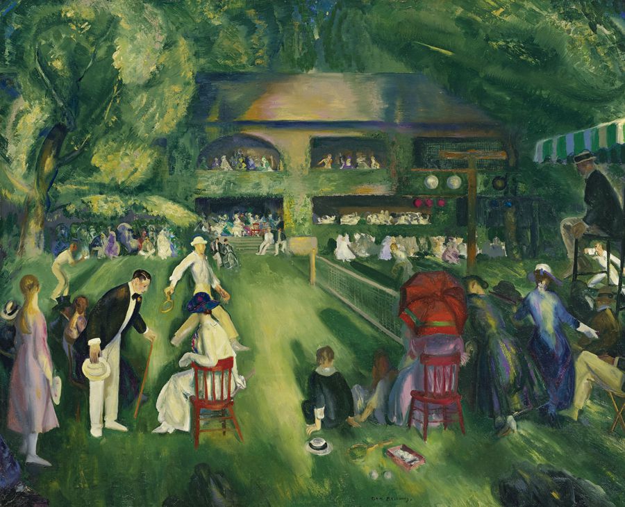 ”Tennis at Newport”, semnat de George Bellows (1919) Povestea pictorului George Bellows, artist pe teren la baschet și baseball, pe pânză la tenis și box: „Nu știu nimic despre box. Pictez doi bărbați care încearcă să se omoare unul pe celălalt”