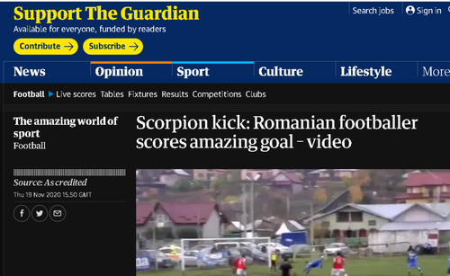 Robert Asăvoaei (22 de ani) a ajuns în The Guardian după supergolul reușit în meciul din Liga 3, CS Știința Miroslava - CSM Pașcani 4-0.