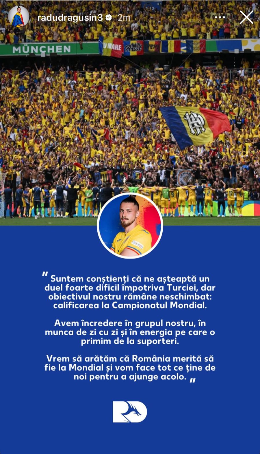 Radu Drăgușin a fost primul jucător al naționalei care a reacționat după tragerea la sorți