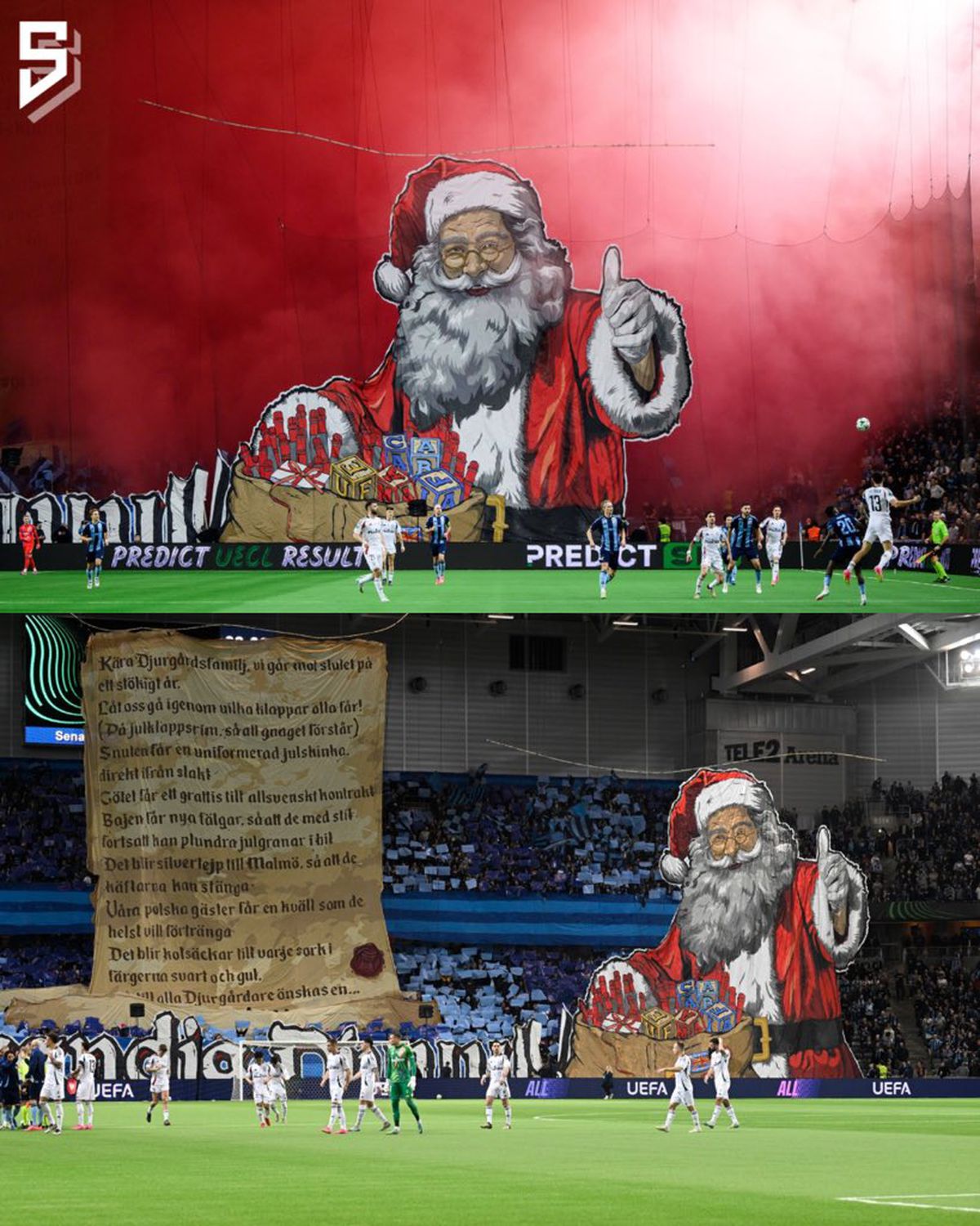 Scenografie colosală în Conference League » „UEFA Mafia”, mesajul scos din sacul lui Moș Crăciun! Meciul a fost oprit 15 minute