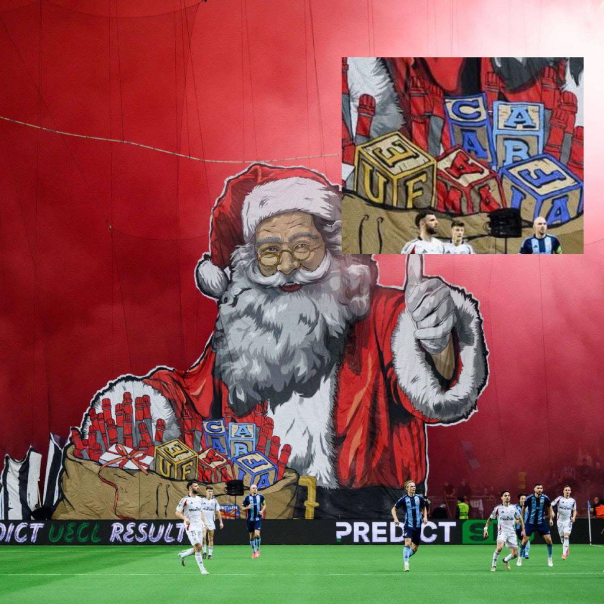 Scenografie colosală în Conference League » „UEFA Mafia”, mesajul scos din sacul lui Moș Crăciun! Meciul a fost oprit 15 minute