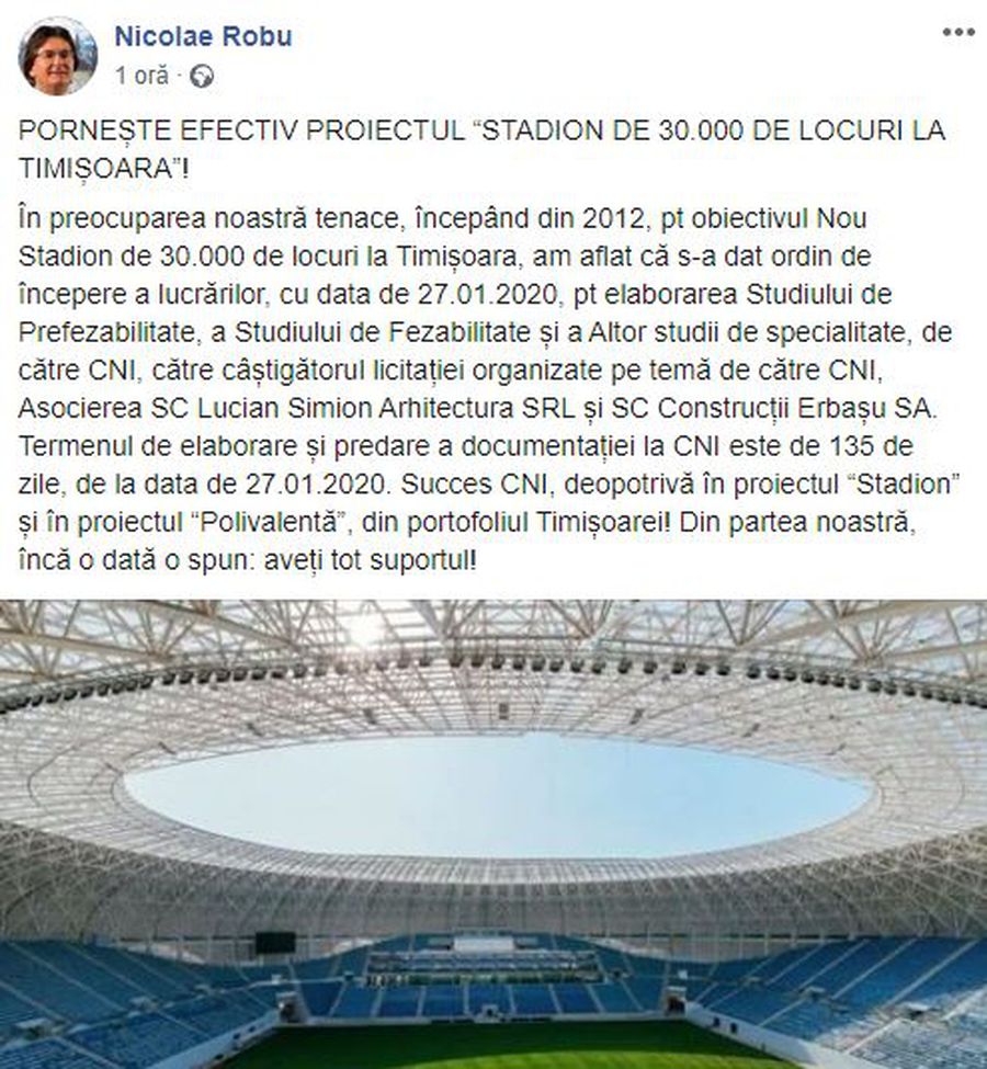 Un nou anunţ legat de stadionul de 30.000 de locuri de la Timişoara: „Pornește efectiv proiectul”