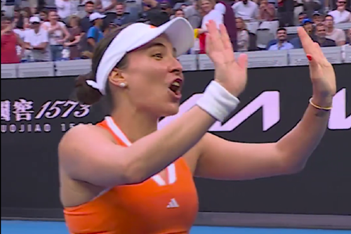 Gabriela Ruse îi prezintă scuze unei spectatoare pe care a lovit-o, neintenționat, cu mingea în cap/Foto: captură X (Australian Open)
