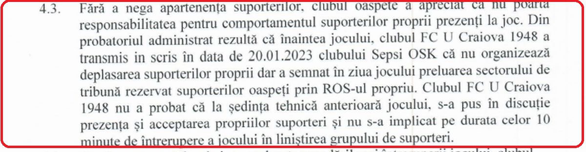 Motivarea de la Comisia de Disciplină pentru FCU Craiova - Sepsi 0-3
