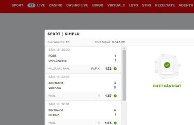 A pariat 75 de lei și a câștigat peste 200.000 de euro » Care au fost meciurile de pe bilet