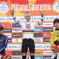 Tadej Pogacar, pe podium la Milano-San Remo 2026, alături de Thomas Pidcock (stânga) și de Wout van Aert (dreapta)/Foto: Imago Images