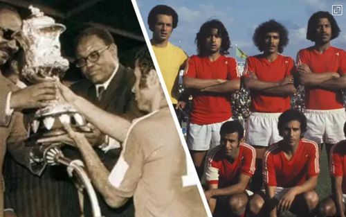 Colaj care prezintă naționala Marocului primind trofeul Cupei Africii de Nord în 1976, alături de cei din Guineea care reclamă trofeul