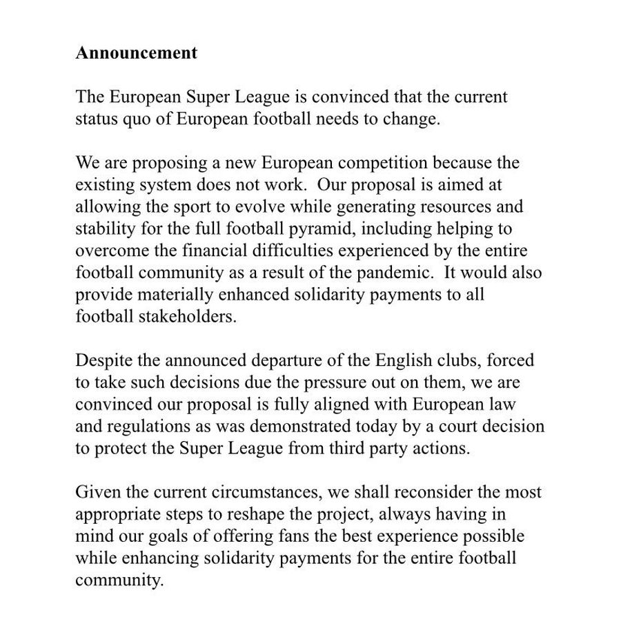 Sursă: Twitter @Fabrizio Romano 9 cluburi s-au retras oficial din Super Liga Europei: „Nu vom mai participa!” » Agnelli a capitulat: „Competiția nu poate continua”