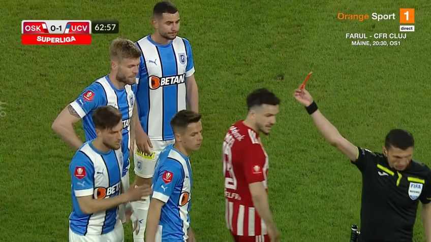 Alexandru Crețu (30 de ani) a văzut direct cartonașul roșu în minutul 63 al meciului dintre Sepsi Sf. Gheorghe și CS Universitatea Craiova, la scorul de 1-0 pentru olteni.