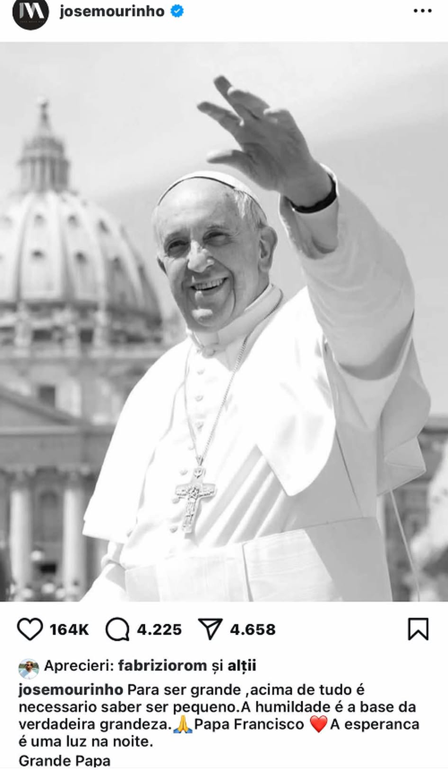 Jose Mourinho a avut un mesaj special în urma morții lui Papa Francisc. FOTO: Instagram Fanii i-au cerut demisia lui Jose Mourinho: „Pleacă acasă”
