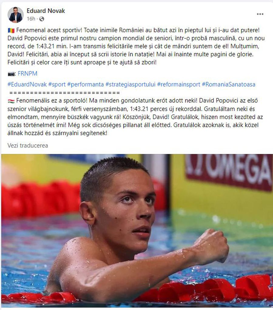 Postarea lui Eduard Carol Novak, ministrul Sportului în România Ministrul Eduard Novak a scos expresia „toate inimile României” din mesajul în maghiară în care-l felicita pe David Popovici! Cu ce a înlocuit + Apărare penibilă la TV: „Nu eu postez”