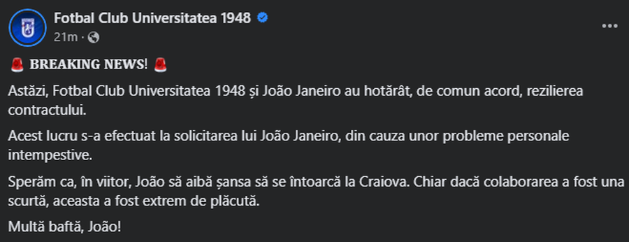 Incredibil: FCU Craiova a anunțat despărțirea de Joao Janeiro, abia venit la echipă. Cerință clară pentru noul antrenor
