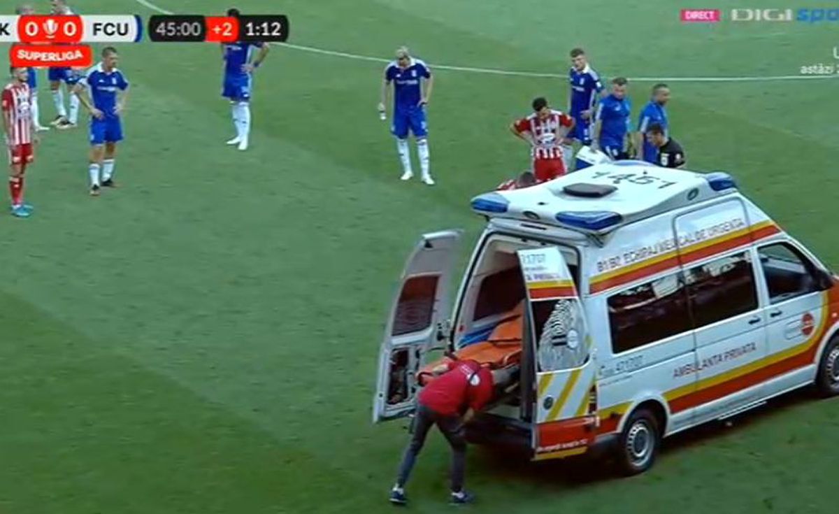 Scene uluitoare la Sepsi - FCU, primul meci al zilei din Superligă! Aproape să leșine de durere, fotbalistul n-a putut fi urcat în ambulanță dintr-un motiv incredibil