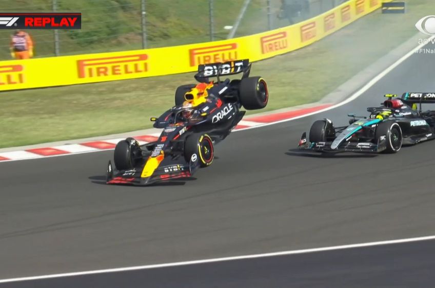 Incidentul dintre Max Verstappen și Lewis Hamilton din MP al Ungariei. Foto: Captură AO Vivo