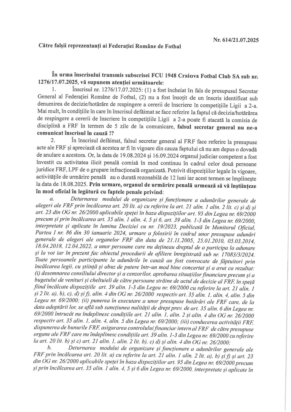 Răspunsul FCU Craiova la adresa trimisă de FRF