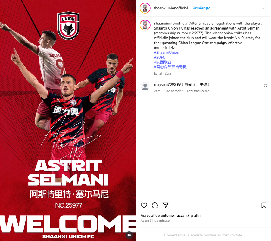 Astrit Selmani, prezentat cu o gafă la o echipă din Liga 2 a Chinei! Kosovarul visa la cupele europene