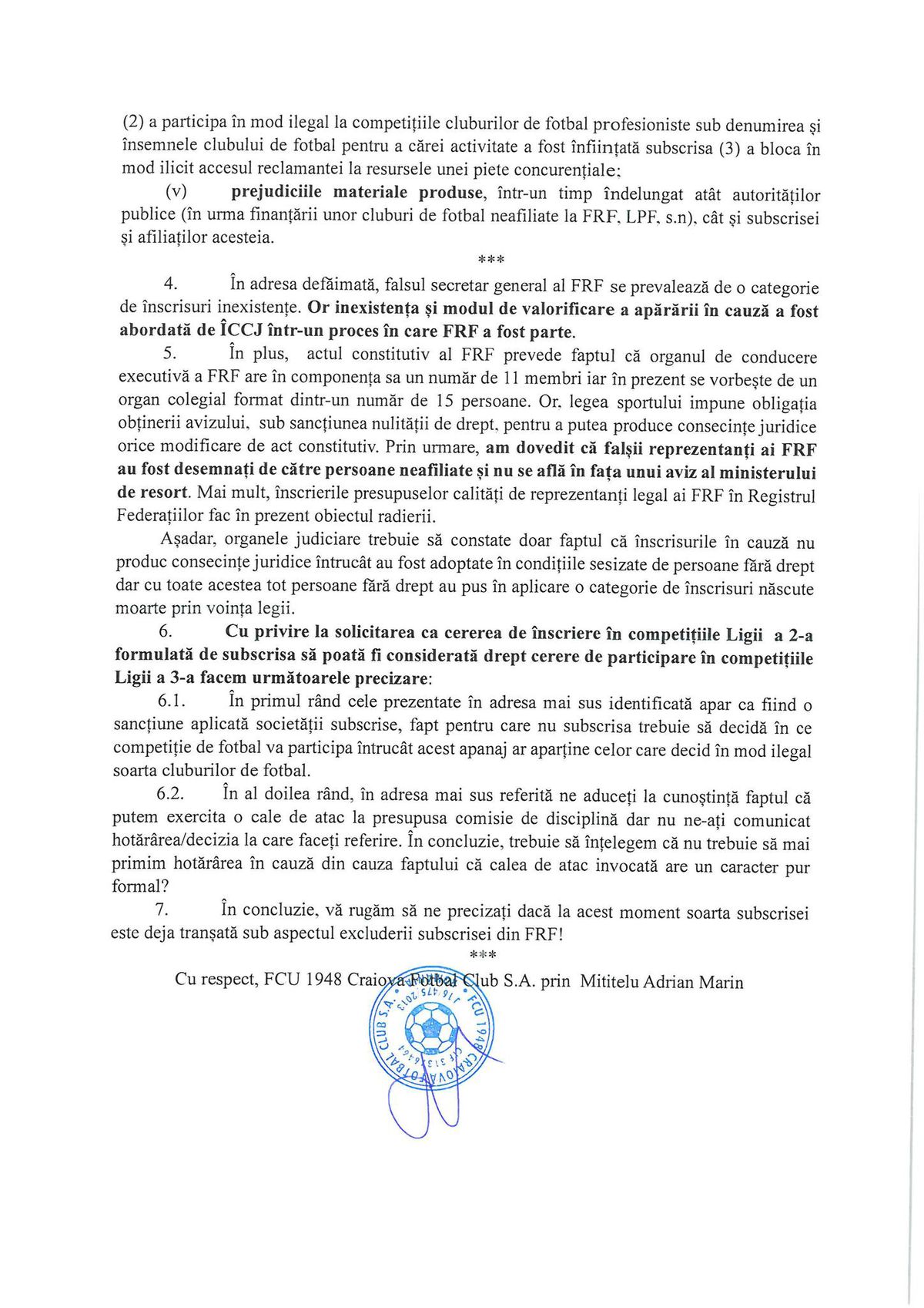 Răspunsul FCU Craiova la adresa trimisă de FRF