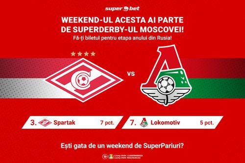 Pune un x verde în calendar acestei duminici, fiindcă weekend-ul acesta ai parte de un SuperDerby al Moscovei. „Echipa poporului”, Spartak Moscova, o va înfrunta pe vicecampioana sezonului trecut, Lokomotiv Moscova.