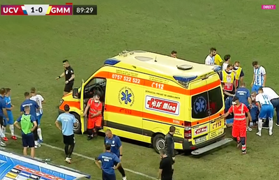 Intrare de „ROȘU” în CSU Craiova - Gaz Metan! Ambulanța a intrat pe gazon: „5 luni de suspendare!” / „Are doi dinți rupți”