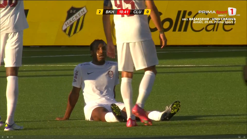 Tidiane Keita s-a accidentat în Hacken - CFR Cluj. FOTO: captură Prima Sport