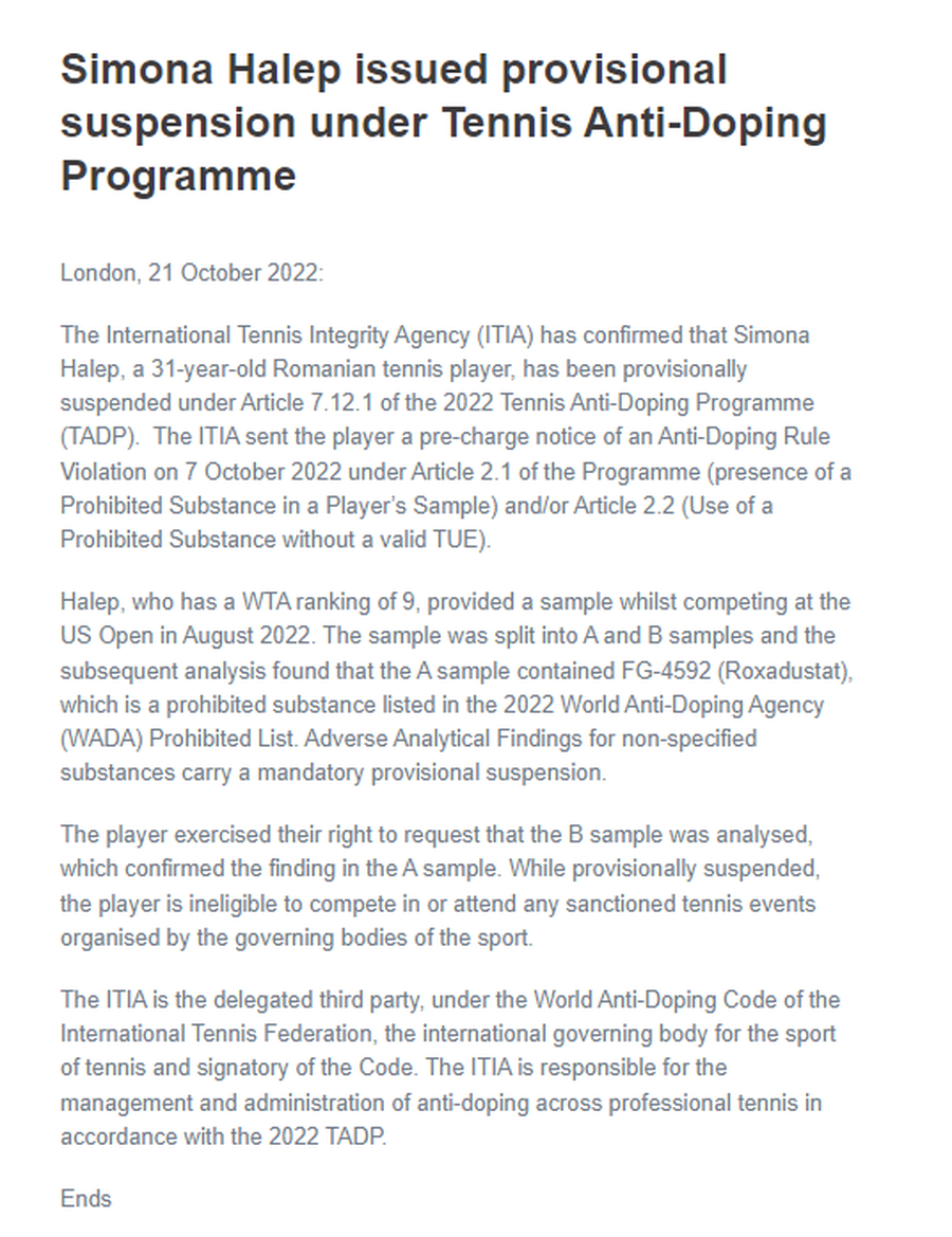 Comunicatul Agenției Internaționale de Integritate a Tenisului » Ce a făcut Simona Halep după anunț + Și proba B a ieșit pozitivă!