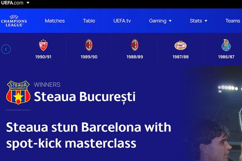 Pe site-ul UEFA, Steaua București apare drept câștigătoarea Cupei Campionilor Europeni în 1986