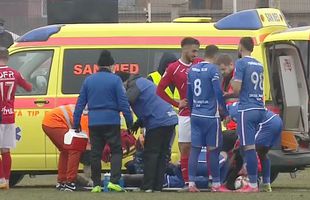 Emoții la CSC Șelimbăr - FC Buzău » Jucător scos cu ambulanța de pe gazon după ce a încasat o lovitură la nivelul capului